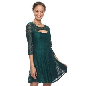 Anthropologie Almost Famous Green Lace Dress Open Keyhole Front Fit & Flare